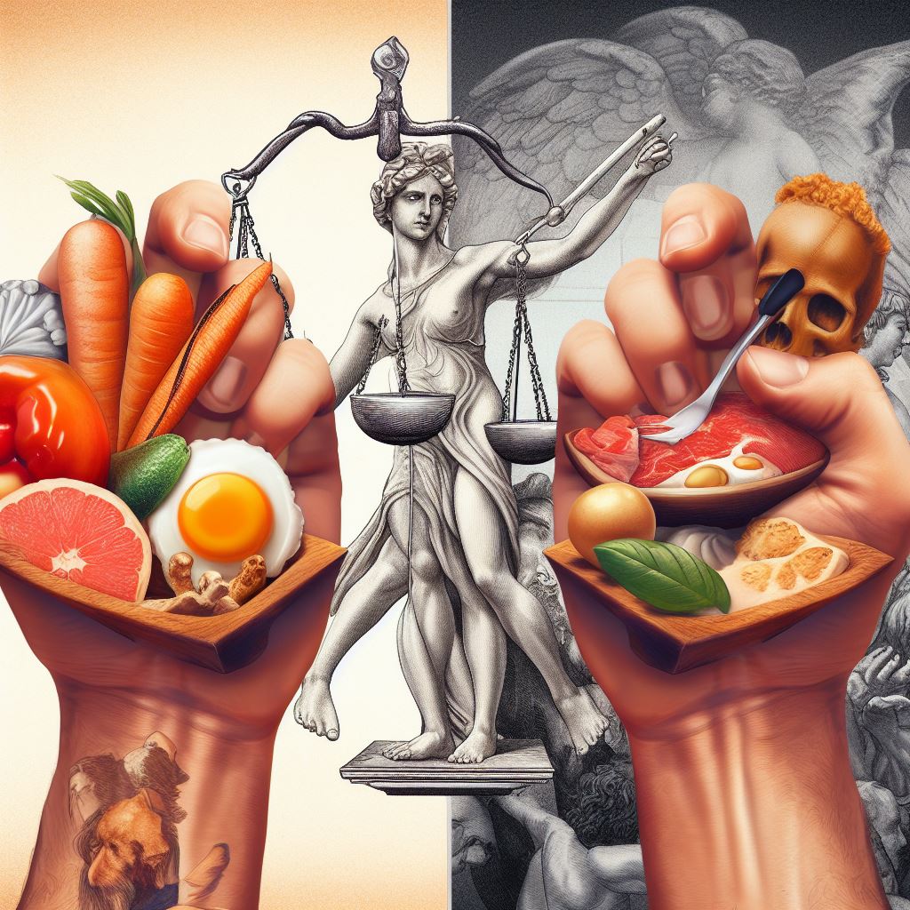 Una imagen que represente el contraste entre los placeres culinarios y la culpa, la evolución y los sentidos, y la libertad y el equilibrio